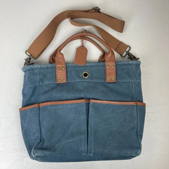 Levenger Tote Bag Denim Leather Trim 6 Pockets Purse Satchel Bucket Boho Pack